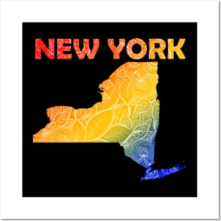 Colorful mandala art map of New York with text in blue, yellow, and red Posters and Art